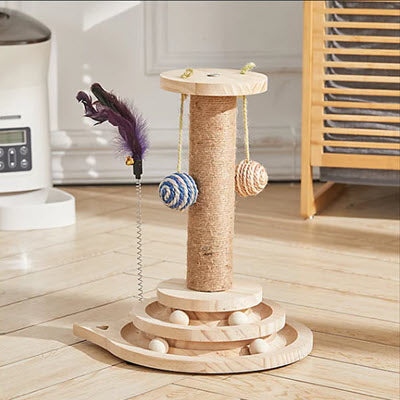 Griffoir Chat | FunClaw™ – Bois massif, jouets interactifs et planche en sisal durable