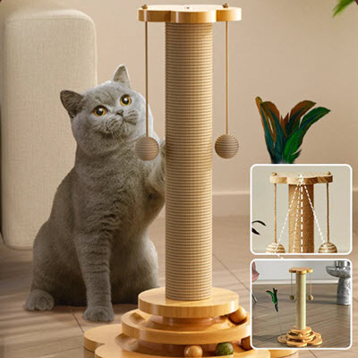 Griffoir Chat | FunClaw™ – Bois massif, jouets interactifs et planche en sisal durable